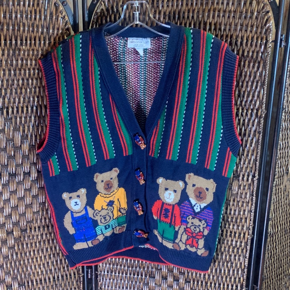 Vintage Navy Multi-Color Teddy Bear Knit Sweater Vest